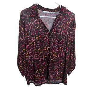 Emily Daniels Blouse Women's XL Printed V-Neck Sheer 3/4 Sleeve Top Sequin